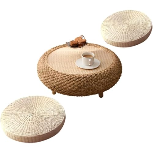 Nizzvlo ちゃぶ台 円卓 ローテーブル 籐編み ラタン 卓袱台 座卓 円形ローテーブル 幅50×奥行50×高さ25cm 丸 小さい 2人用 畳コーヒーテーブル 収納 おしゃれ 畳 和室 禅インテリア 瞑想 茶道 (直径60cm,収納タイプ + 座布団