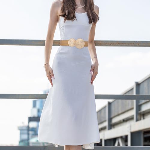 Women Wide Stretchy Gold Buckle Cinch Waist Belt Fashion Elastic Braided Boho Belt Vintage Stretch Rattan Straw Ladies Summer Dress Waist for Women Dresses Coat Supplies Skirt3