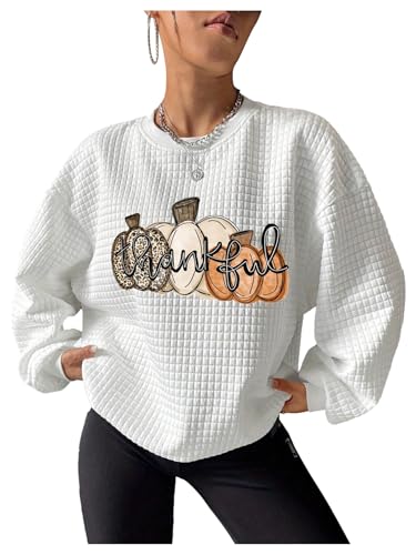 Floerns Womens Graphic Pumpkin Sweatshirts Long Sleeve Crew Neck Loose Waffle Knit Pullover Tops White Small