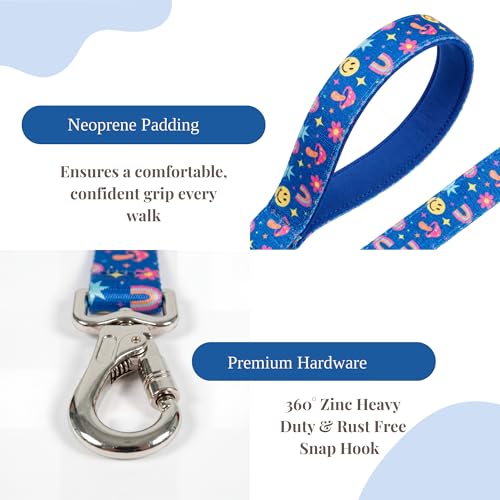 Image of Wag and Wilder Heavy Duty 5 FT Dog Leash for Large Dogs - Neoprene Padded Handle & Strong Metal Hook (Groovy Trails Blue)