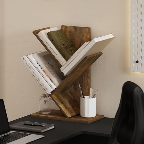 Image of Furinno Tree Book Shelf, 3-Tier Bookshelf with Angled Open Shelf, Tree Bookcase for Room Decor, 8.4 x 15.7 x 21.3, for Organization and Storage, for Living Room, Bedroom, Home Office, Amber Pine