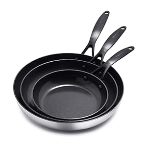 GreenPan Venice Pro Noir Tri-Ply Stainless Steel Healthy Ceramic Nonstick 8″ 10″ and 12″ Frying Pan Skillet Set, Matte Black Handle, PFAS-Free, Multi Clad, Induction, Dishwasher Safe Oven Safe, Silver
