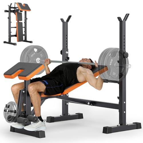 YOLEO 6 in 1 Weight Bench Set for Home Gym, Adjustable & Foldable Weight Bench, Workout Bench with Squat Rack for Bench Press Sit up Incline Flat Decline
