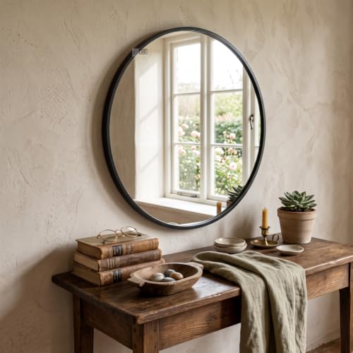 Image of Round Wall Mirror in Gold I Metal Frame Mirror I Modern Design Metal Frame Mirror in Medium Size I Bathroom Wash Basin, Bedroom, Drawing Room (Black 24 inch)