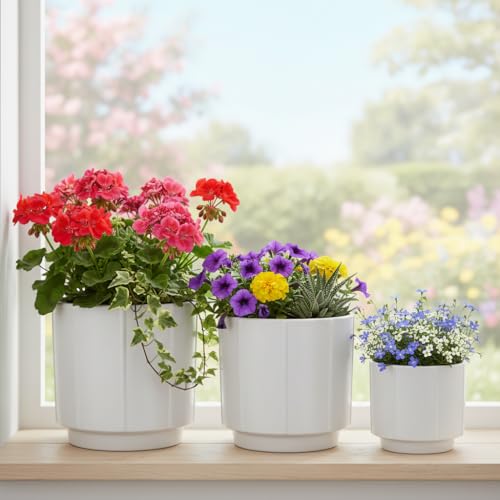 Image of Xtore Studio Ceramic Ribbed Planter Set | Vertical Groove Plant Pots for Home & Office Decor - (Set of 3, White, Planter ONLY)