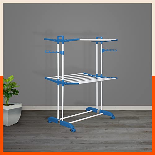 Image of Bathla 2 Level Modular Cloth Drying Stand with Wheels - Rustproof Portable Steel Laundry Rack (Blue - Medium) - Clothes Dryer for Balcony, Indoor & Outdoor Use