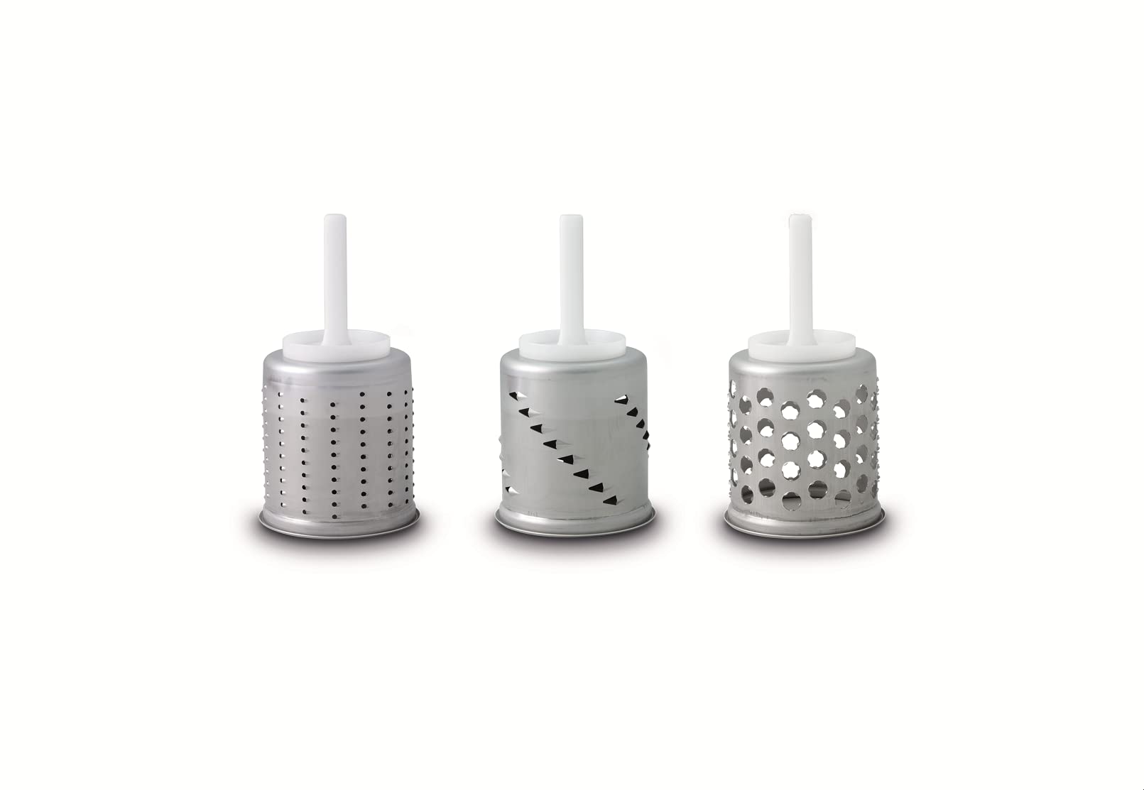 Jupiter Küchenmaschinen original dreier Zusatztrommelset (Feinreib, Julienne, Kronen), aus Edelstahl, für Kunststoff- & Metallgemüseschneider, kompatibel mit KitchenAid Küchenmaschinen