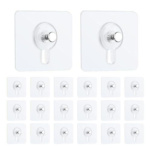 UYGTHI 20 Pcs Adhesive Picture Hooks 15kg Max Load Transparent Waterproof Wall Hooks for Hanging Pictures Frames Mirrors No Nails Self-Adhesive Sticky Hooks for Bathroom & Kitchen