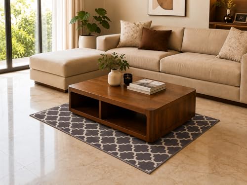 Image of Matz&More Trellis Islamic Rug | 100x150 CM | Grey Beige | Soft Nylon Loop Pile with Anti-Slip Gel Backing | Living Room, Bedroom & Office Floor Carpet