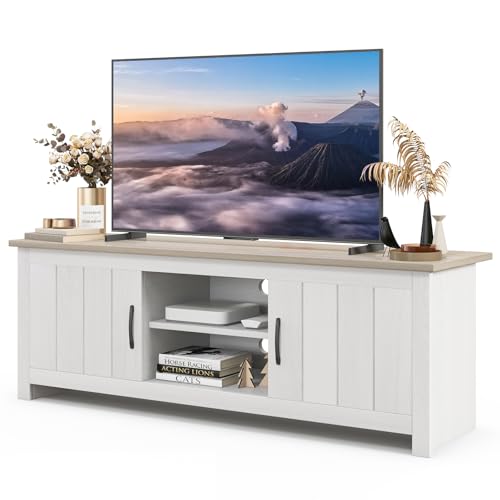 GYMAX Mueble TV de hasta 65 Pulgadas, Mesa Television de Madera con 2 Armarios y Estantes Abiertos, Mueble Bajo TV con Puertas para Salón y Dormitorio, 145 x 40 x 50 cm (Blanco+Gris)