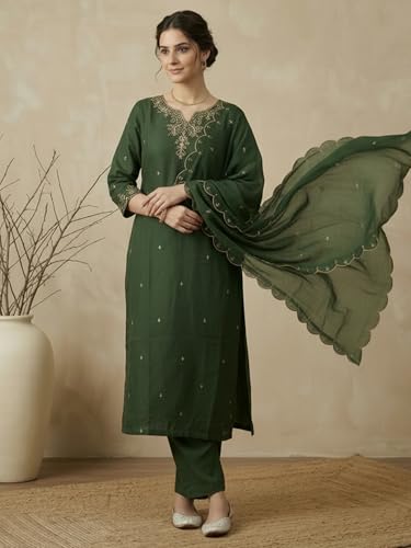 Image of INDO ERA Women's Silk Blend Embroidered Straight Kurta Pant with Dupatta Set