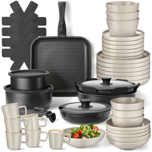 tectake® 47-tlg. Küchenstarterset, Steingut Geschirrset 6 Personen, Tassen, Teller Set, 2x Kochtopf, 4x Bratpfanne, Deckel, rostfrei, abnehmbare Griffe, für Induktion, Topfschoner - schwarz/taupe