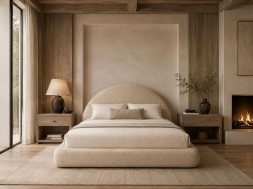 Image of New Round Bed Upholstered Bed Frame -Washable Zip Cover, Modular Minimalist Modern Design Soft Foam Platform Bed, Half Circle Sold Separately (Beige Linen Premium, Queen Base)