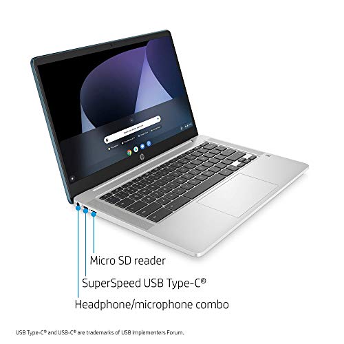 Image of HP Chromebook 14-inch FHD Laptop, Intel Celeron N4000, 4 GB RAM, 32 GB eMMC, Chrome (14a-na0090nr, Forest Teal) (Renewed)