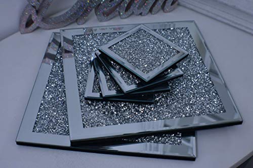 Deenz Set Of Coasters & Placemat Crushed Crystal Sparkle Diamond Glitter Mirrored Silver Home Décor Eye Catching Lovely Display