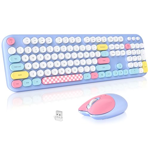 MOFII Wireless Keyboard and Mouse Combo, Cute Keyboard Full Size and Wireless Mouse, 2.4GHz Retro Typewriter Keyboard Mouse Set for PC/Desktop/Laptop/Windows (Pale Blue Colorful)