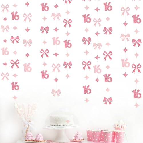 Image of Glitter Pink 16th Bow Birthday Decorations Hot Pink Conquette Bow Garland Streamer Banner Backdrop for Girls Boys Happy 16th Birthday Sweet Sixteen Cheers to 16 Years Old Anniversary Party Supplies