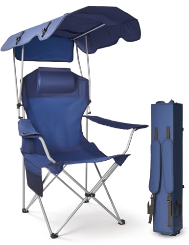 East Oak Camping Chair with Canopy | 25' High Back Folding Beach Chair with Canopy Shade, Supportive Headrest, Cup Holder, Side Pocket, 330 lbs Heavy Duty Canopy Chair for Outdoors