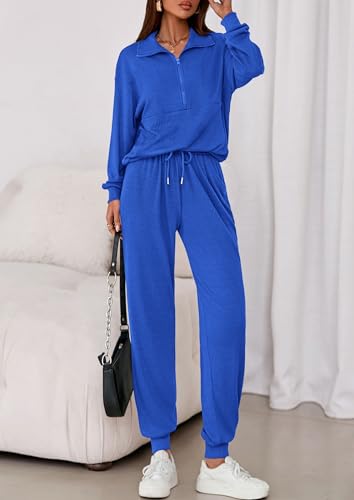 Image of PRETTYGARDEN Women 2 Piece Ribbed Knit Matching Lounge Sets | Comfy Sweat Track Suits, Athleisure Casual Outfit, Half Zip Sweatshirt & Jogger Pants, Fall Winter Clothes for Airport Travel