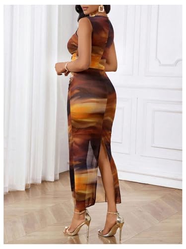Image of Milumia Women's Printed Mock Neck Bodycon Maxi Dress Sleeveless Mesh Long Dress Party Cocktail