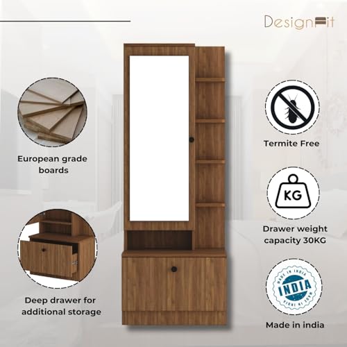 Image of DesignFit Engineered Wood Dressing Table with Mirror and Storage,Vanity Table with Closed and Open Storage for Bedroom, Home & Living Room (Walnut)