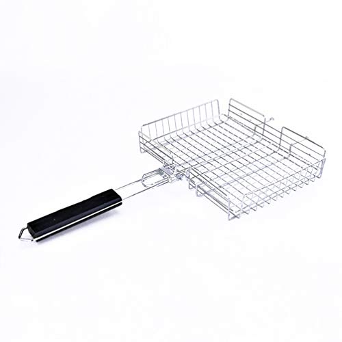 ZHHWYP BBQ Grill Basket, Portable BBQ Tool,Steel Mesh Foldable Wooden Handle for Cooking Grid Charcoal,Grilled Fish Clip Bread Clip,64 * 31 * 5.5cm