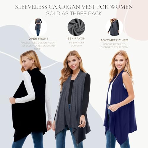 Image of Azules Sleeveless Cardigan for Women, Soft Lightweight Duster Open Front Sleeveless Long Cardigan Vest (3 Pack)