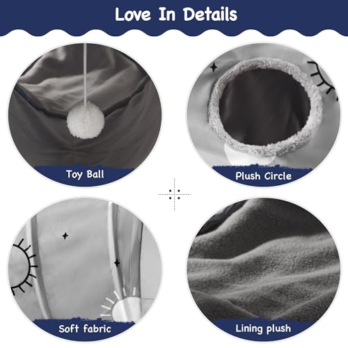 Image of Tempcore Cat Tunnel for Indoor Cats, 3 Way Collapsible Pet Play Tunnel with Teaser Wand, Peek Holes & Hanging Ball, Interactive Tube for Kittens & Rabbits, Grey Sun