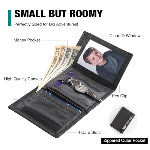 Image of Kids Wallets for Boys & Girls, Black Canvas Wallet with Coin Pocket & Magic Sticker for Toddlers & Teens