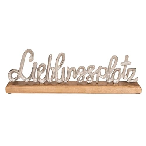 mucHome Deko Schriftzug Silber Lieblingsplatz auf Holz-Standfuß ca. 40 x 12 cm Dekoration Skulptur