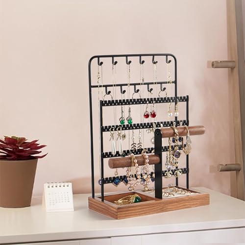 LadjproR Portagioie multistrato, organizzatore per gioielli, portagioie, organizer per gioielli, con base ad anello, supporto in legno per collane, anelli, bracciali (HS-3C)