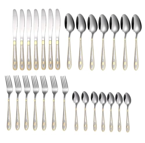 ANH MART Mirror Finish Silver Gold Plated Stainless Steel Flatware Set Copper Silverware Set Rose Gold Spoon Color Cutlery Set [Dinner Fork-Tea Spoon-Salad Spoon-Knife] Set of (Silver Gold, 28)