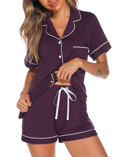 Image of Aamikast Button Up Pajama Set for Women Shorts Short Sleeve Knit Sleepwear 2 Pice Pjs Sets