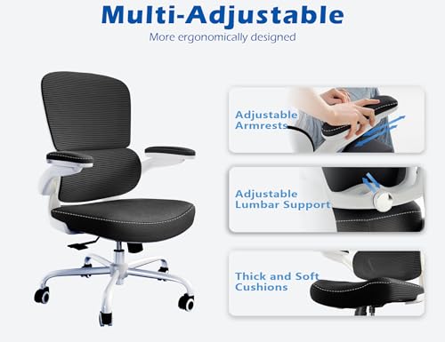 Image of TRALT Ergonomic Office Chair - Desk Chair with Adjustable Lumbar Support Computer Chair - Mesh Comfy Chair with Flip-up Armrests - Gaming Chairs for Adults Home Office (PU Leather, Black White)