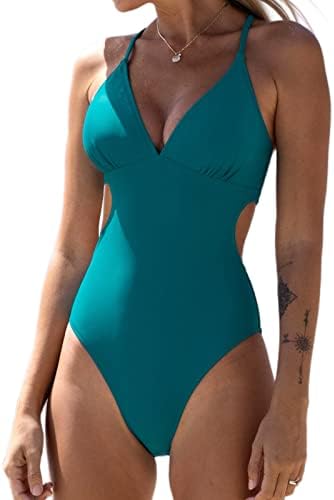 CUPSHE One Piece Swimsuit for Women Bathing Suit Cut Out Deep V Neck Spaghetti Straps Cross Back Tie Cheeky,L Teal