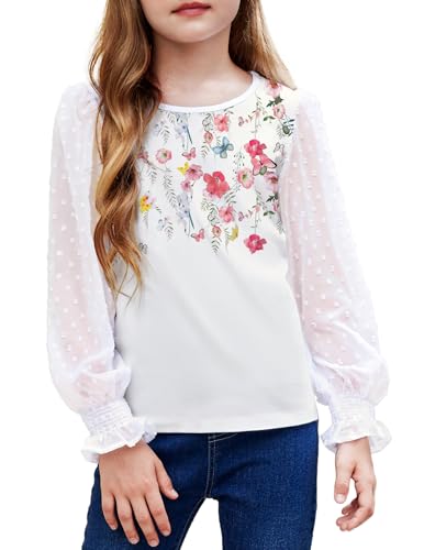 Image of Arshiner Girls Long Sleeve Shirt with Ruffle Cuffs Polka Swiss Dots Kids Girls Pullover Shirts Cute Crewneck Girls Top