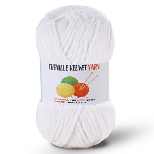 Image of Fluffy Chenille Yarn for Crocheting, Chunky Velvet Yarn for Crochet Amigurumi, Used for Making Baby Yarns Blanket, Clothes, Pattern Knitting Creations (1-White)
