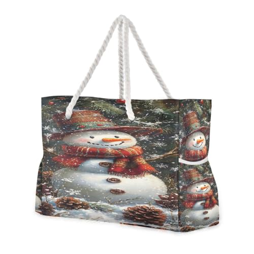 Snowman Beach Bag & Travel Tote Bag Large Sandproof with Zipper Closure, Wet Pouch for Swim Gym Travel, Lightweight Foldable Outdoor Bag