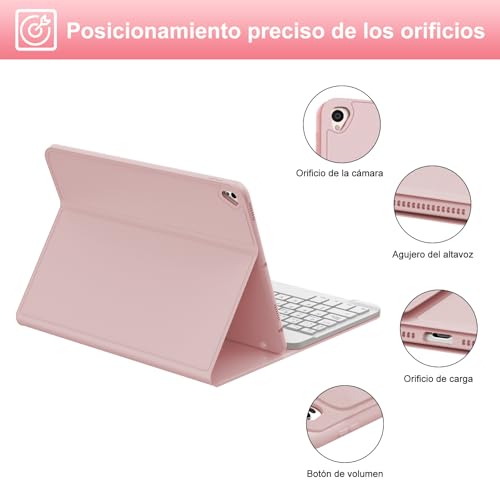 Teclado iPad 9 Generación para Estudiar y Trabajar en Cafeterías con Funda Rosa Bluetooth 6
