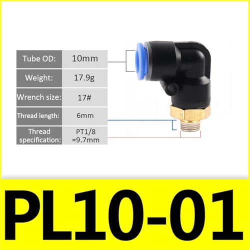 Conector neumático codo PL con rosca de un octavo para manguera de 10mm 3