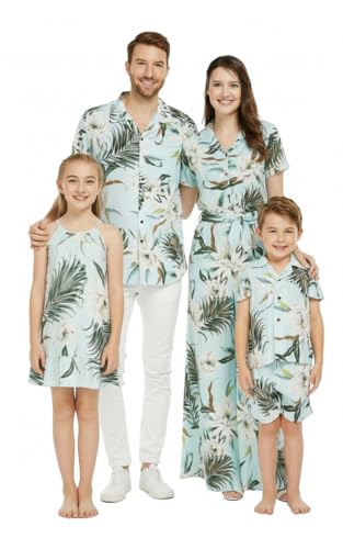 Image of Wispy Cereus Light Blue Family Matching Hawaiian Clothes | Family Matching Outfits • Soft Rayon Fabric • Tropical Floral Print • Vacation Ready • Luau Party Wear