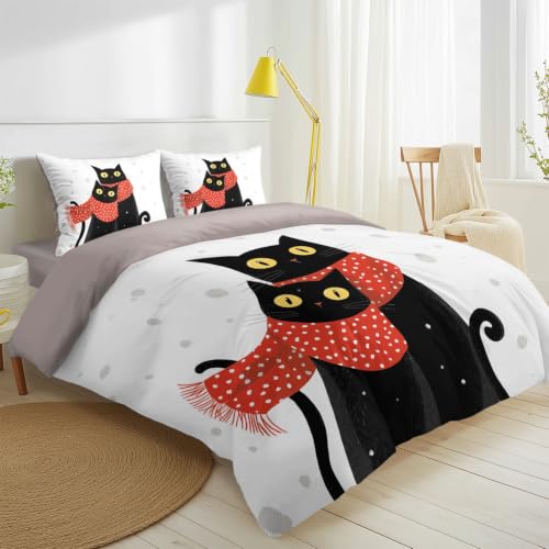 Housse de couette chat noir et pois avec drap-housse en microfibre