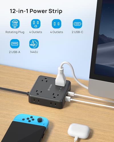 Image of TROND 360 Rotating Flat Plug Power Strip, 10FT Flat Extension Cord with Multiple Outlets 4 USB (2 USB C), Wall Mount Surge Protector 1440 Joules for Home Office Travel Dorm Room Essentials, Black