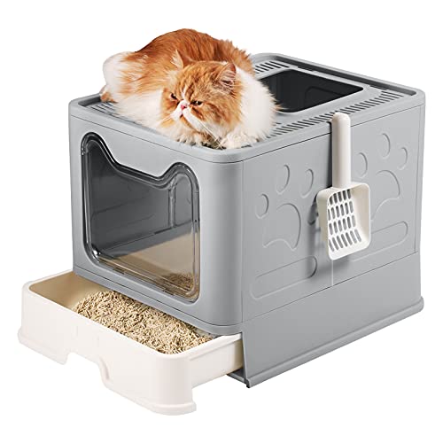 Cat Litter Box, MOERUN Covered Litter Box with Lid, Litter Scoop,Drawer, Foldable Enclosed Large Kitty Litter Box ,Top and Front Door for Entry and Exit, Anti-Splashing,Easy Clean Cat Box(Gray)