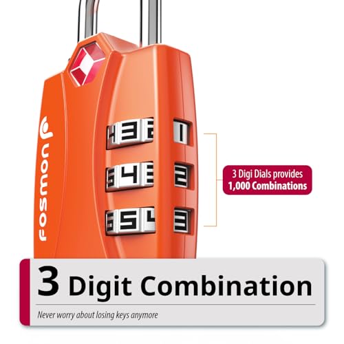 Image of Fosmon TSA Approved Luggage Locks, 3 Digit Combination, 4 Pack Orange | Open Alert Indicator, Suitcase Travel Lock, Gym Locker Padlock, Travel Bag Zipper, Secure Combination