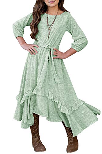 MITILLY Girls Loose Plain 3 4 Sleeve Casual Pocket Ruffle Swing Long Maxi Dress with Belt 8 Years Green
