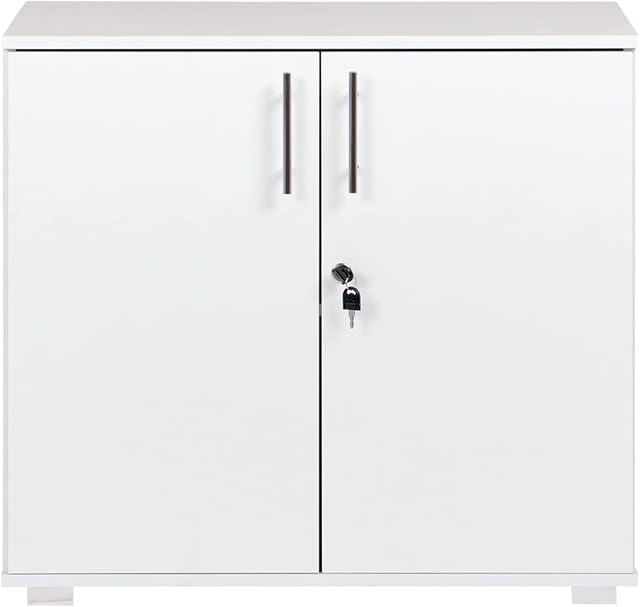 MMT Furniture Designs White Office Storage Cupboard Desk Height 2 Door Bookcase with Lock 73cm Tall Desktop Extension Height