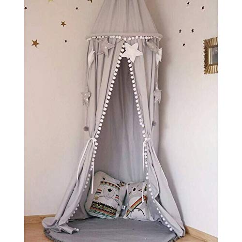 LOAOL Bed Canopy with Pom Pom Cotton Canopy for Kids Crib Baby Girl Netting Cover Canopy Crib Curtain Reading Nook Hanging Tent Nursery Play Game Castle Room Decoration (Gray)