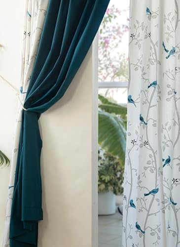 Image of Tranquebar Curtain Co. Cotton Curtains 7 Feet Long Set of 3, 60-65% Room Darkening, Blue Bird Print, Door Curtains 7 Feet Set of 3, BackTabs, Yori Blue Combo (213 cm) - Set of 3