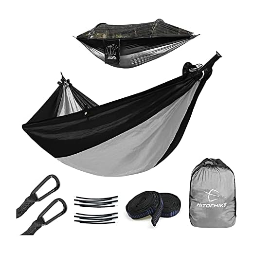 Hitorhike Camping Hammock with Mosquito Net Nylon Tree Straps Detachable Aluminum Poles and Steel Carabiners, 2 in 1 Function Design for Backpacking, Camping, Travel, Beach, Backyard (Black with Gray)